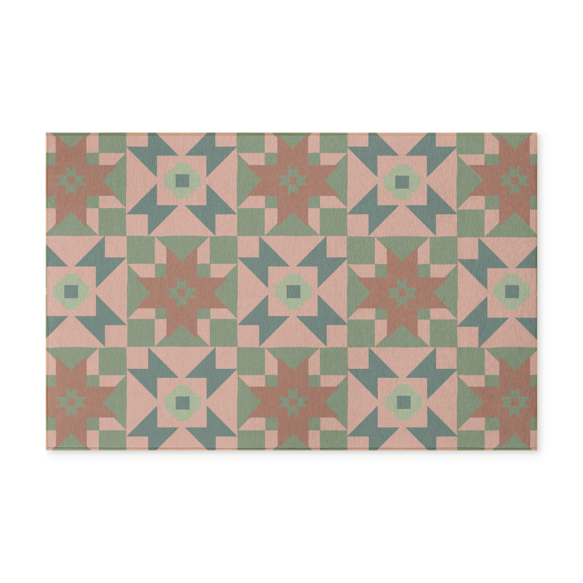 Geometric Star Patchwork Washable Rug — Terracotta + Sage Floor Mat