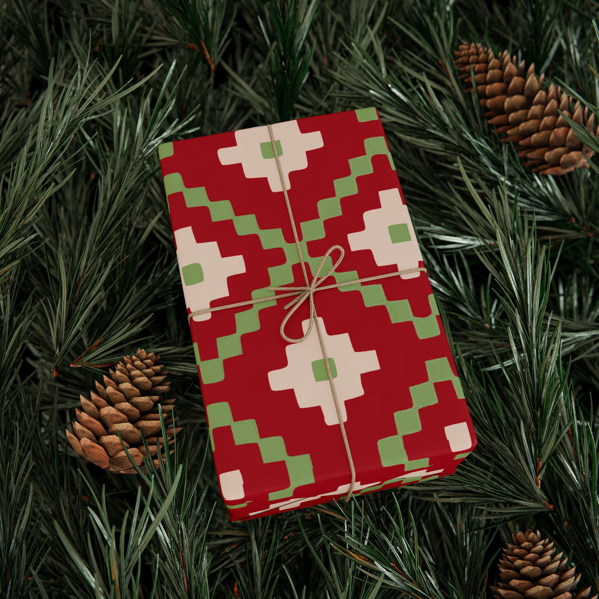 Christmas Stripe Wrapping Paper — RED + GREEN + LIGHT PINK Stitched Pattern