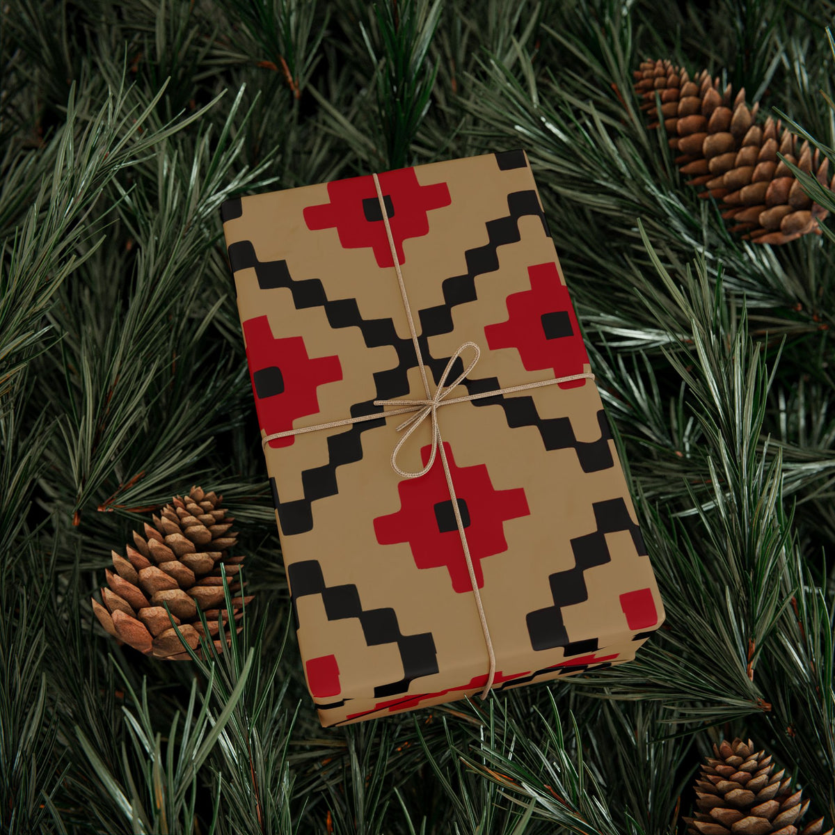 Christmas Stripe Wrapping Paper — TAN + RED + BLACK Stitched Pattern
