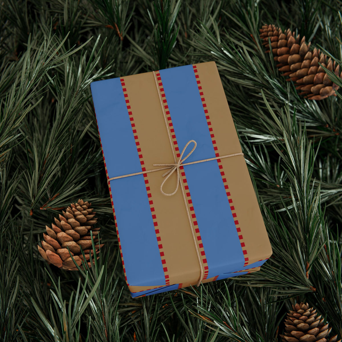 Christmas Stripe Wrapping Paper — BLUE + BROWN + RED Stitched Pattern