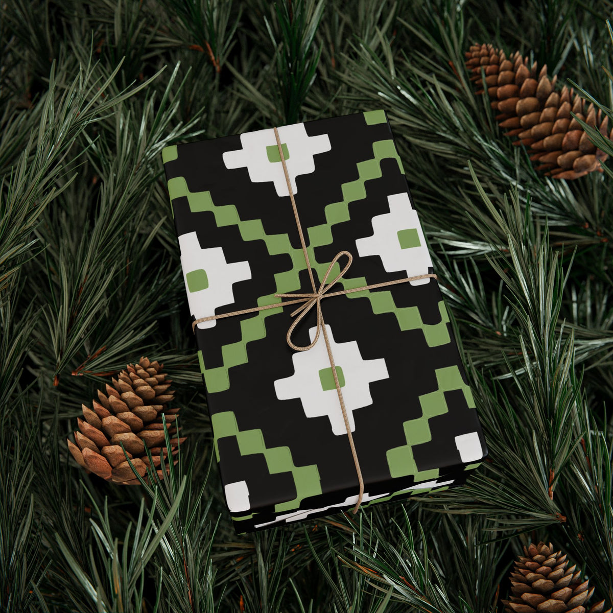 Christmas Stripe Wrapping Paper — BLACK + GREEN + WHITE Stitched Pattern