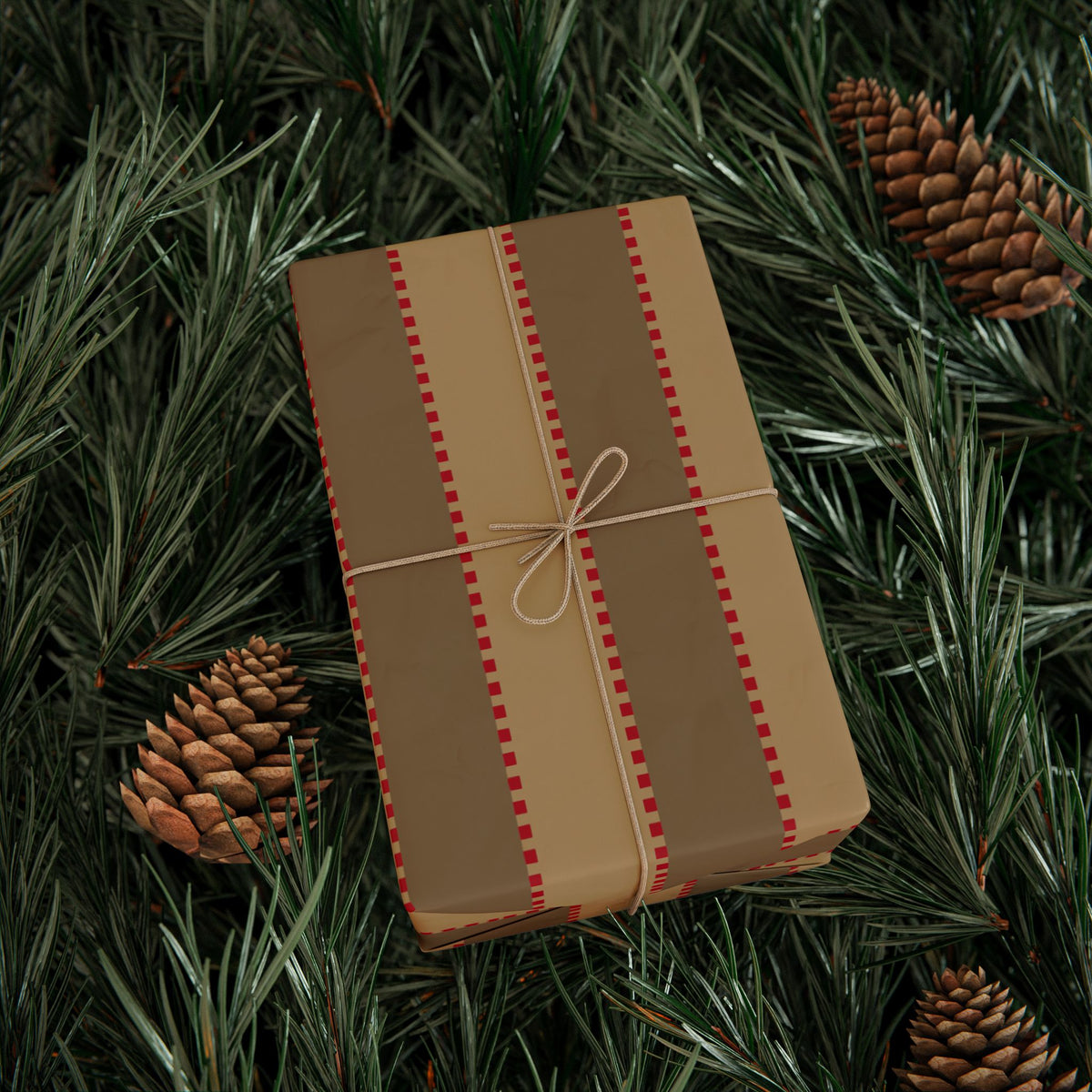 Christmas Stripe Wrapping Paper — TAN + BROWN + RED Stitched Pattern