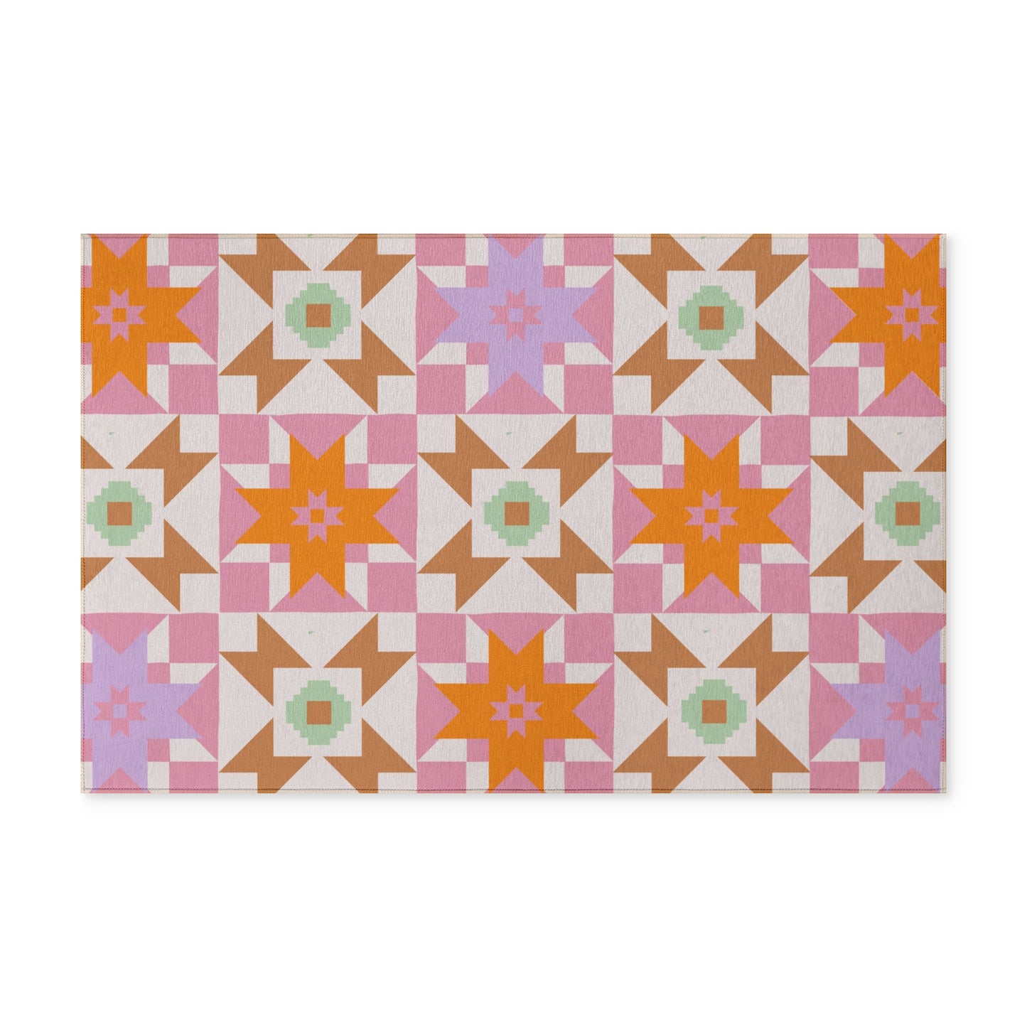 Geometric Star Patchwork - Indoor | Outdoor Washable Rug — Pink, Orange & Mint Floor Mat