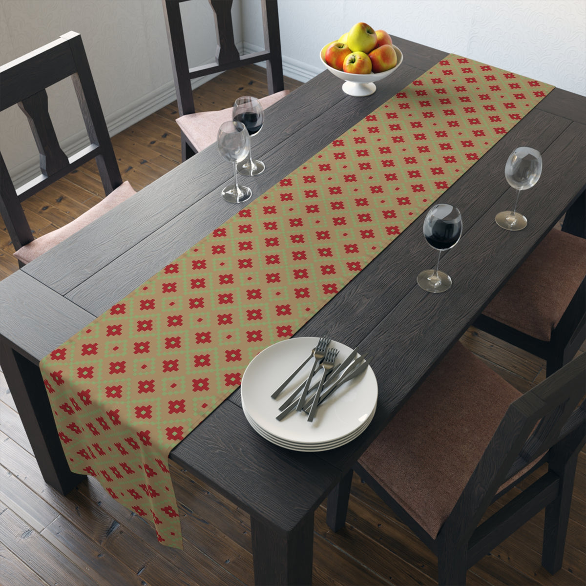 Tan, Red + Green Southwest Table Runner