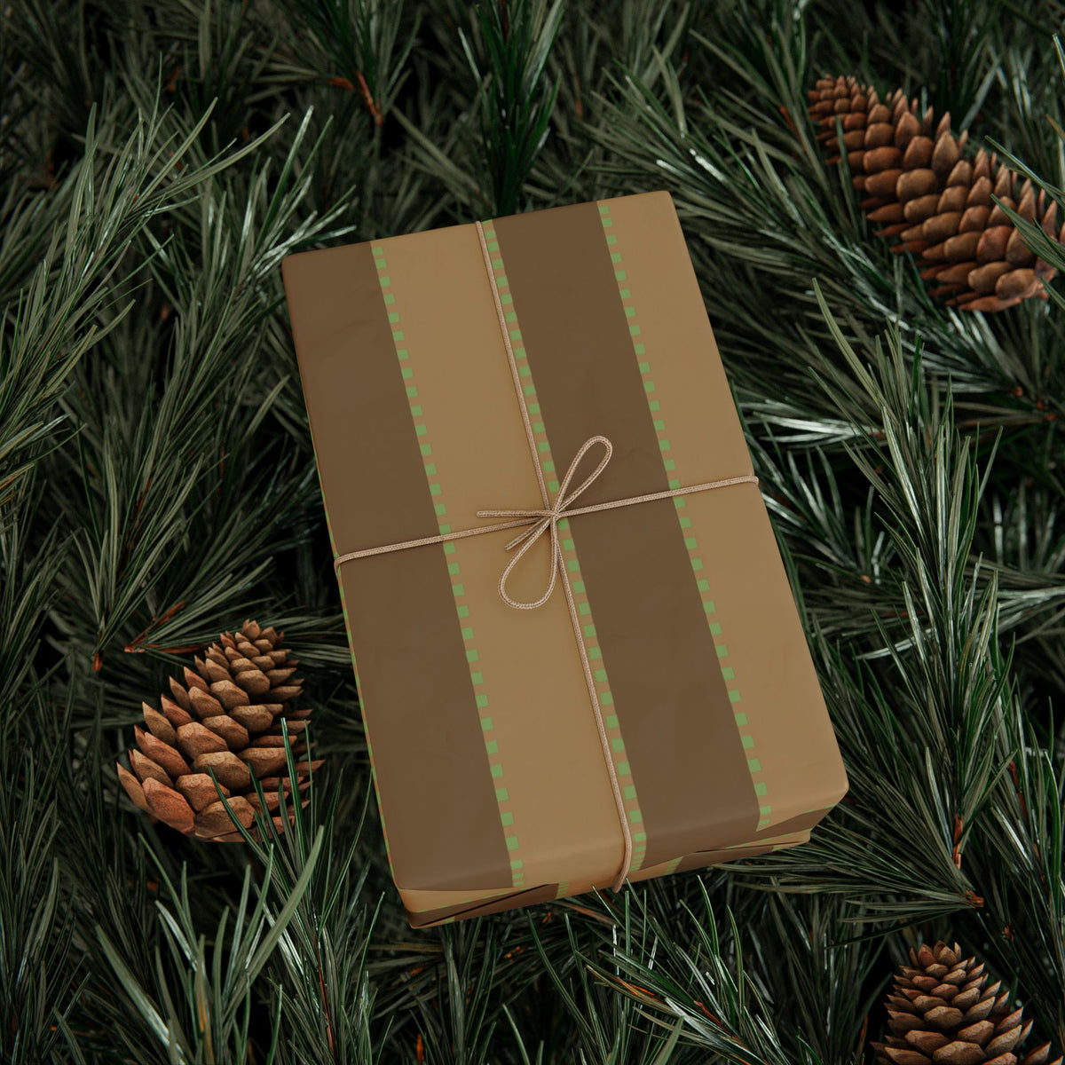 Christmas Stripe Wrapping Paper — TAN + BROWN + GREEN Stitched Pattern