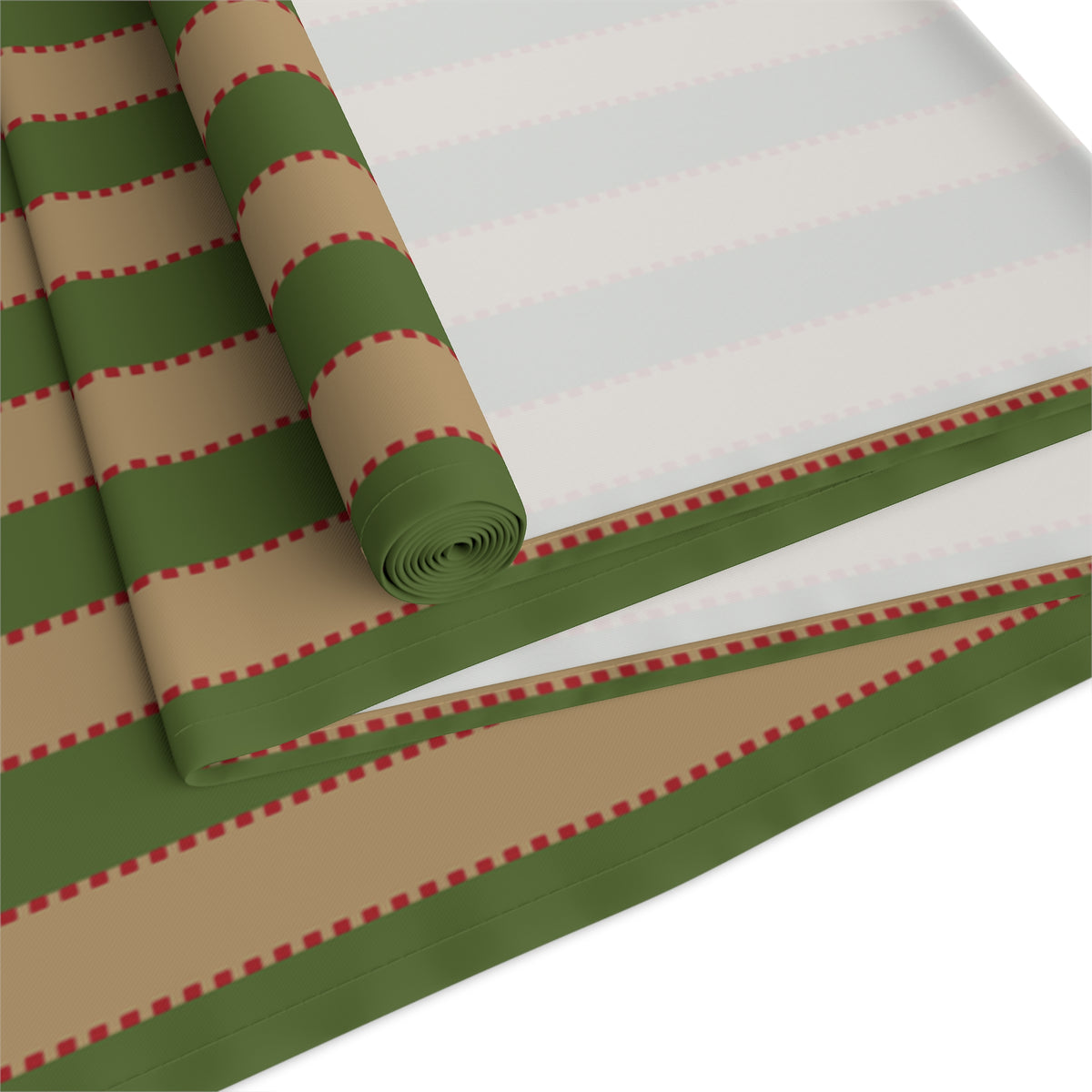 Olive Green, Tan + Red Stripe Table Runner