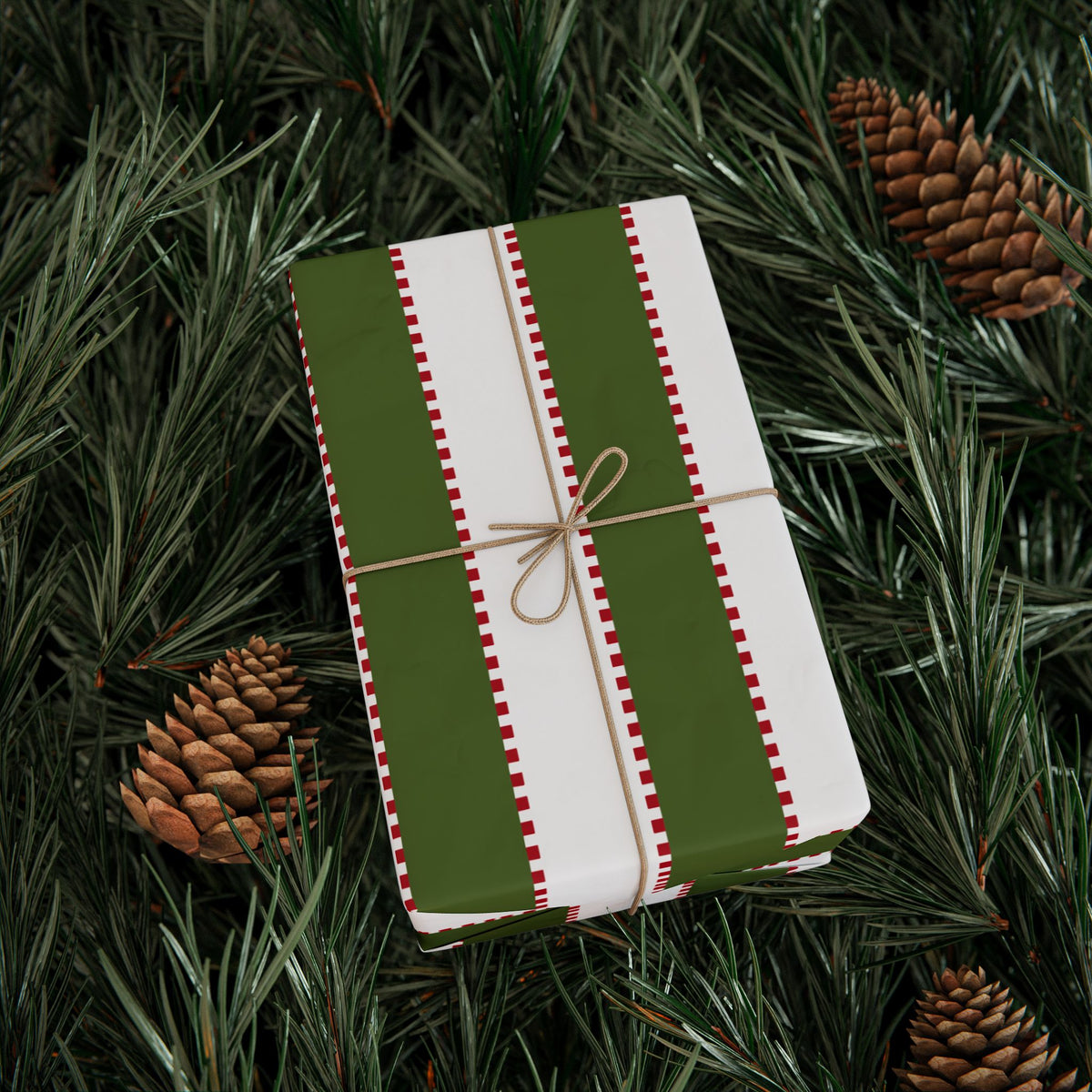 Christmas Stripe Wrapping Paper — WHITE + GREEN + RED Stitched Pattern