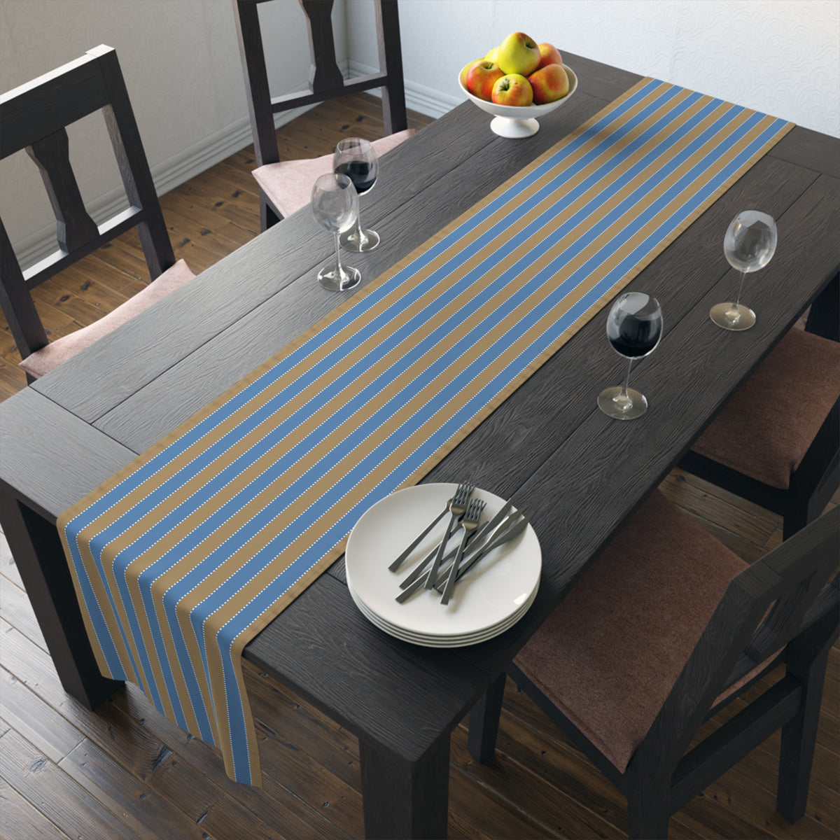 Blue & Sand Striped Table Runner – Coastal Farmhouse Cotton-Poly Blend