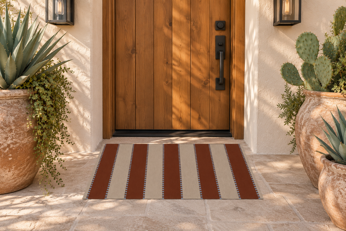 Brown + Beige + Slate Blue - Striped Washable Rug — Indoor/ Outdoor