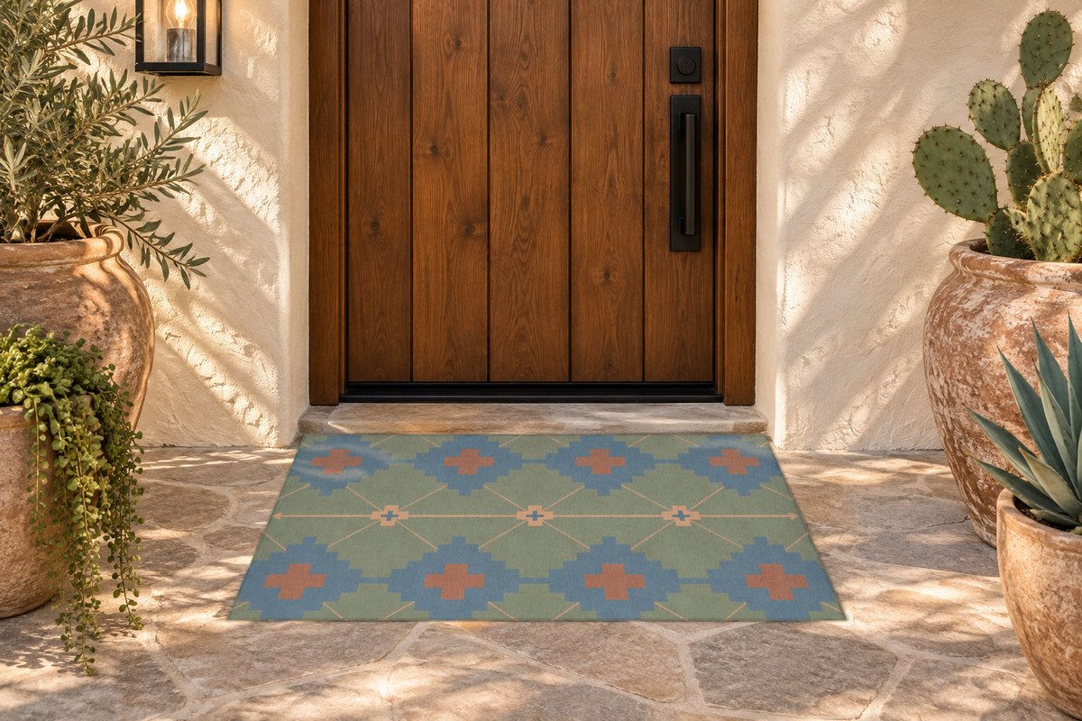 Denim Blue + Moss Green + Terracotta Orange + Mustard Yellow - Indoor/ Outdoor Washable Rug