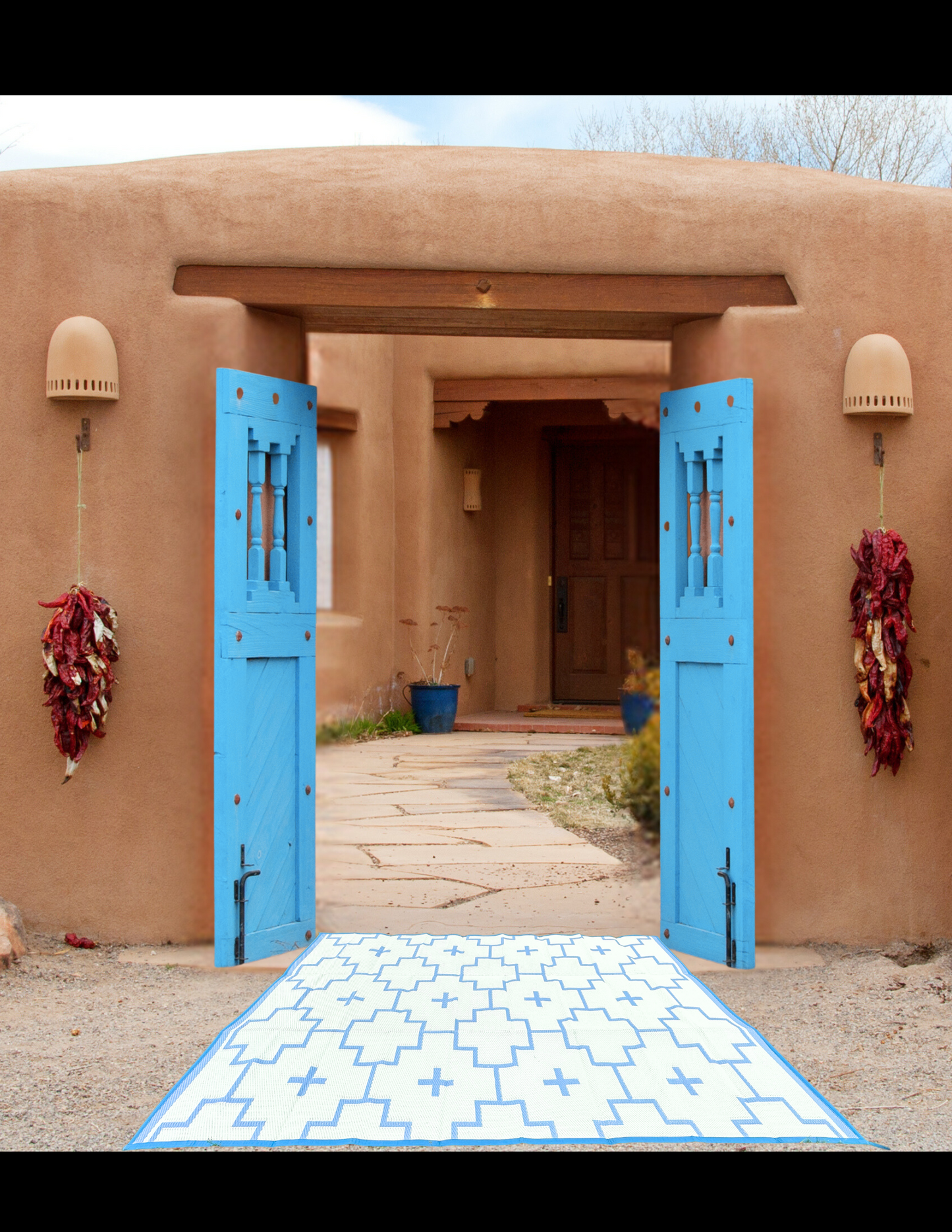 BLUE + IVORY - 6ft x 9ft - RANCH RUGS -LAJITAS DESIGN-