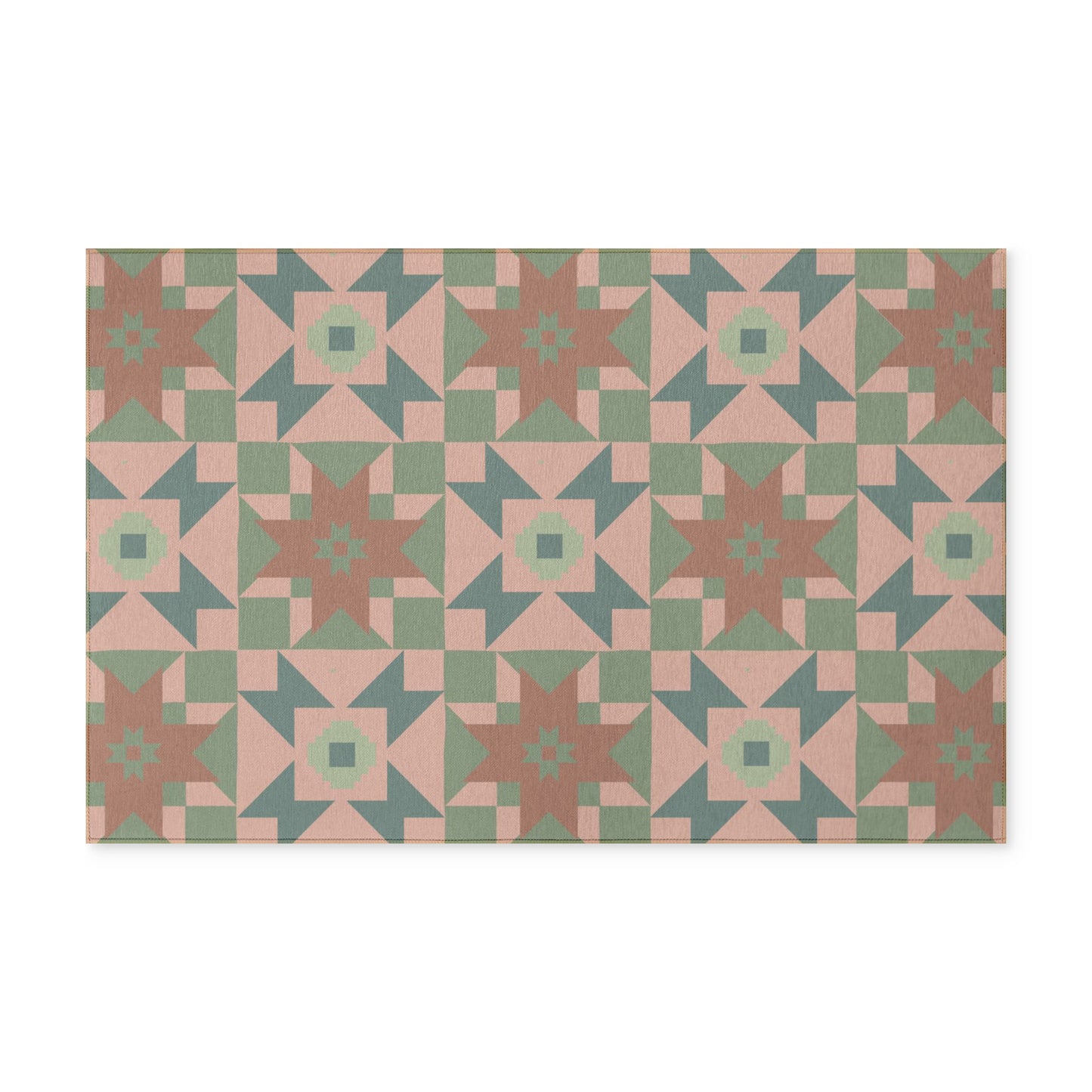 Geometric Star Patchwork Washable Rug — Terracotta + Sage Floor Mat