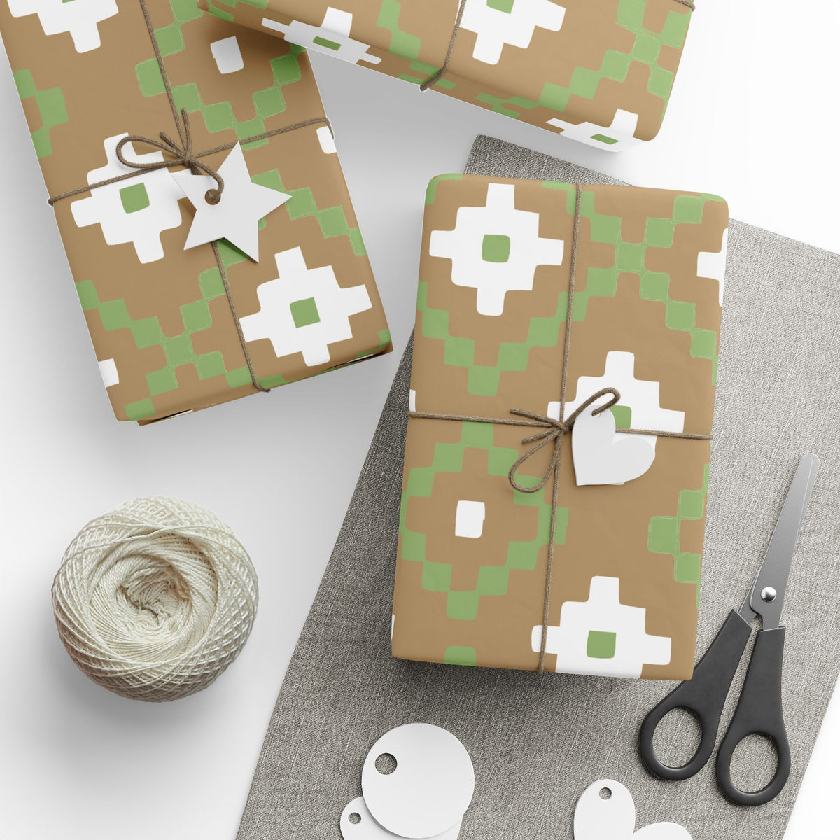 Christmas Stripe Wrapping Paper — TAN + GREEN + WHITE Stitched Pattern