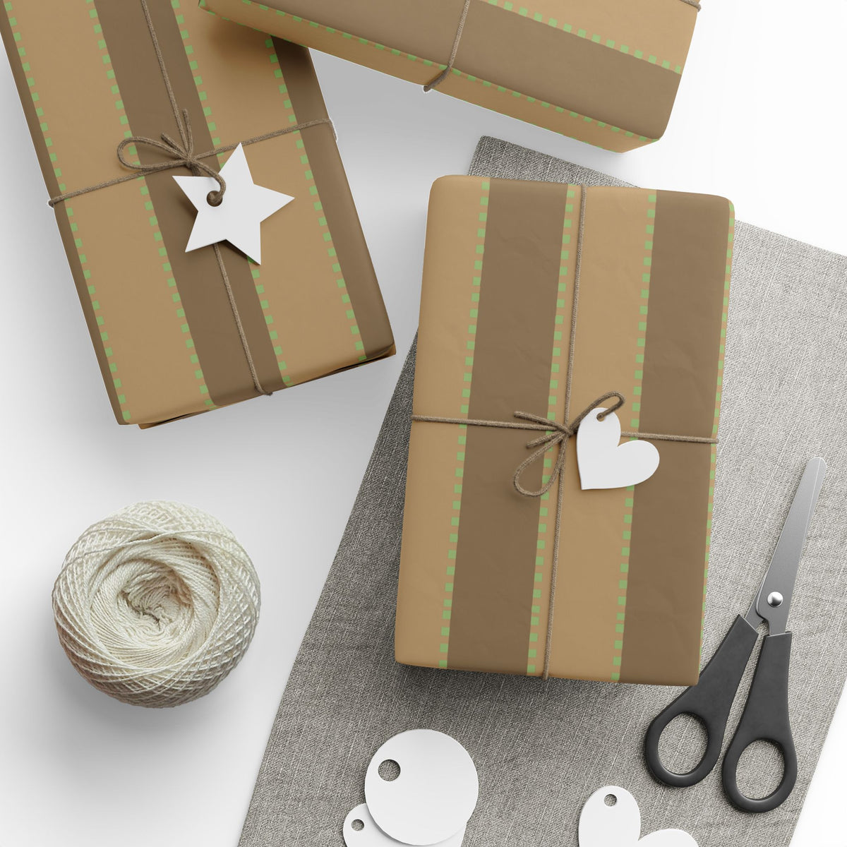 Christmas Stripe Wrapping Paper — TAN + BROWN + GREEN Stitched Pattern