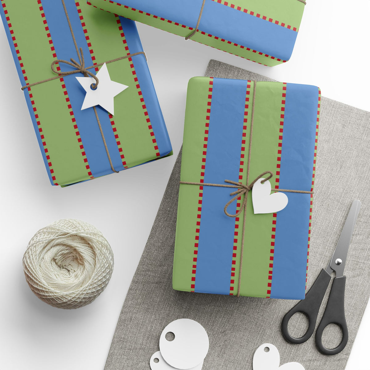 Christmas Stripe Wrapping Paper — BLUE + GREEN + RED Stitched Pattern