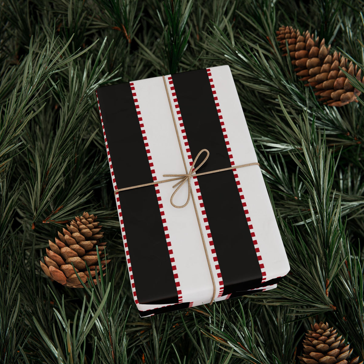 Christmas Stripe Wrapping Paper — WHITE + BLACK + RED Stitched Pattern