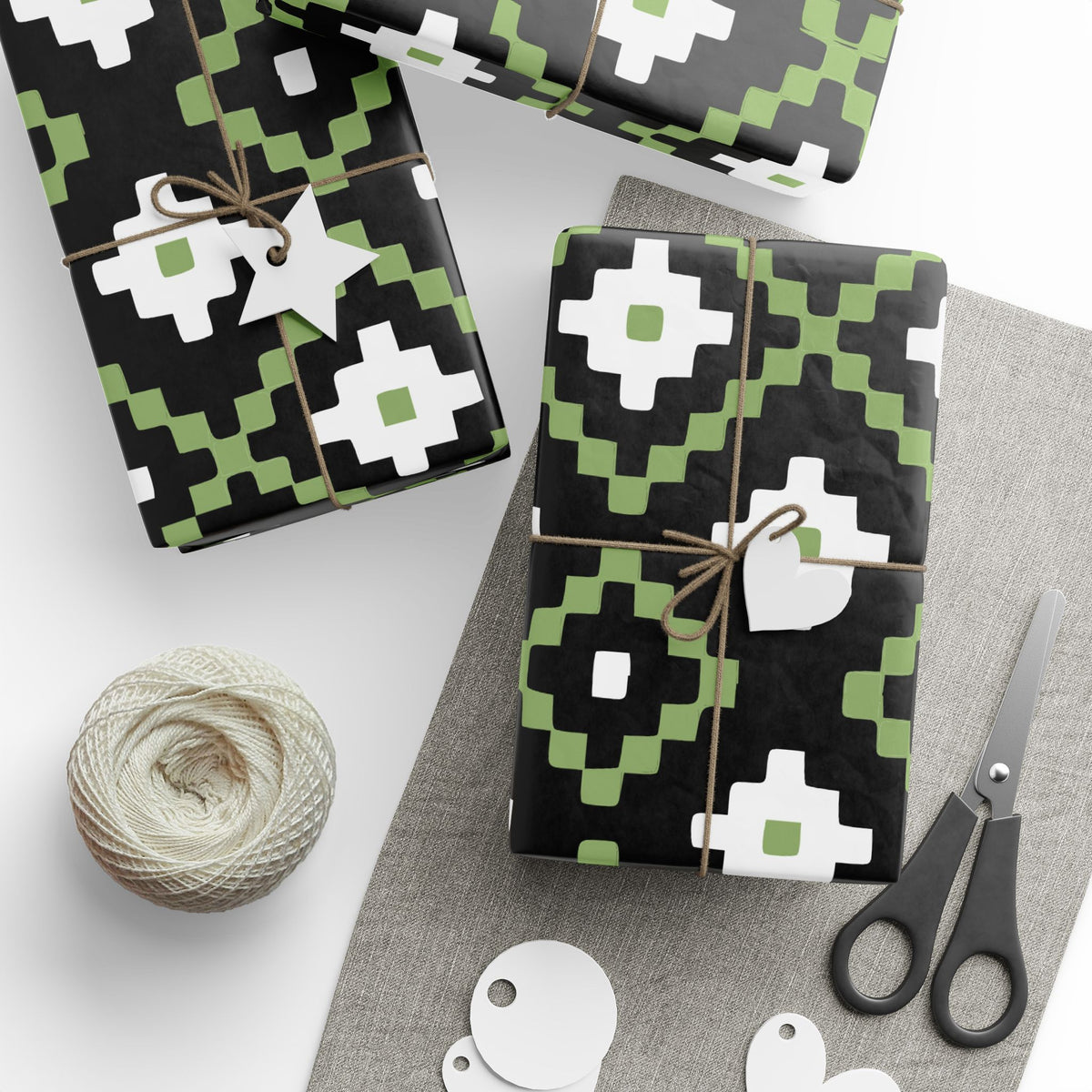 Christmas Stripe Wrapping Paper — BLACK + GREEN + WHITE Stitched Pattern