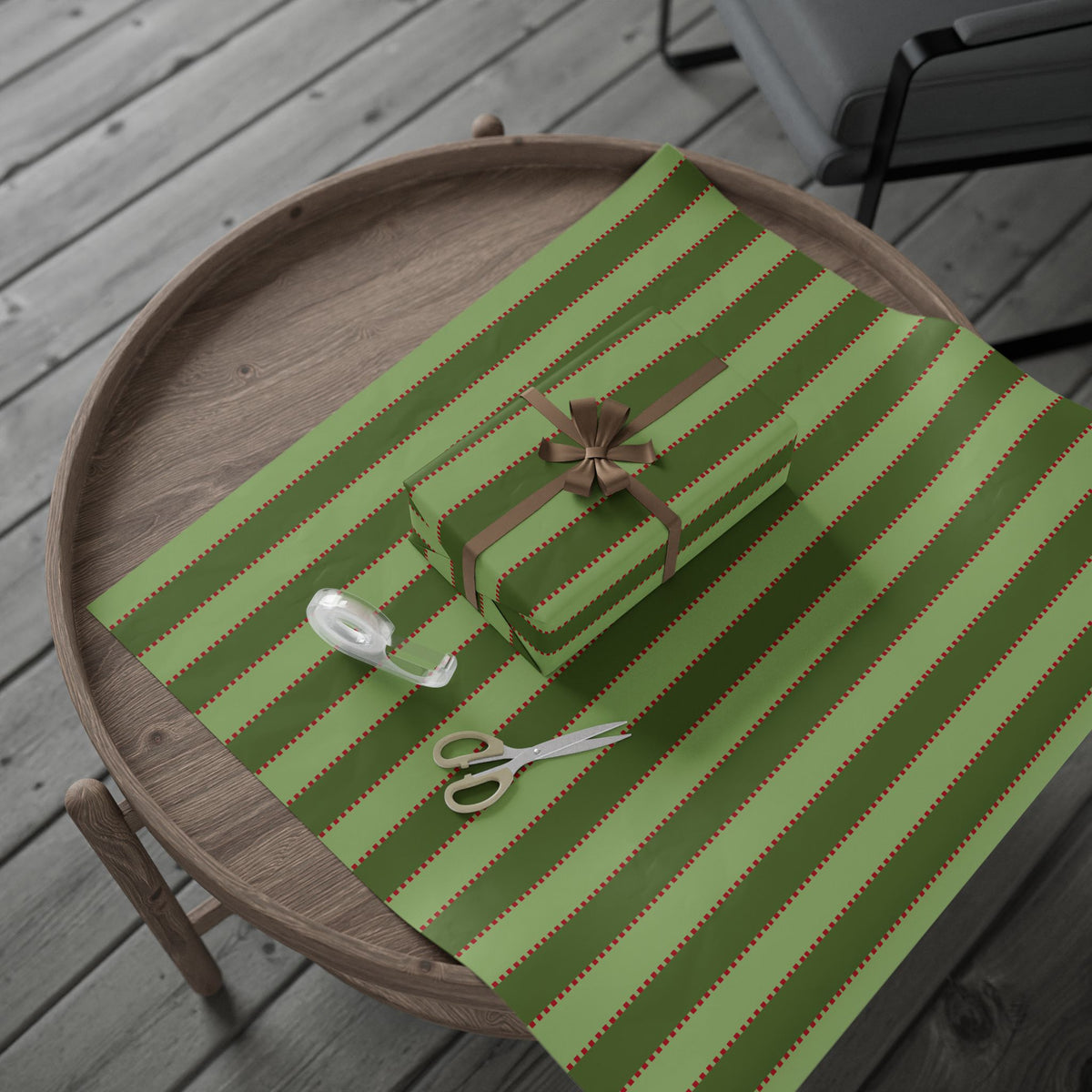 Green Stripe Stitch Wrapping Paper — Festive Gift Wrap for Holidays & Everyday
