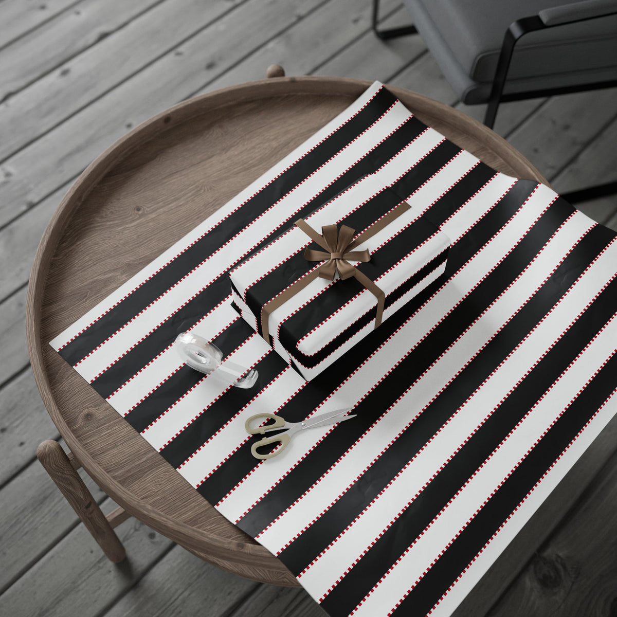 Christmas Stripe Wrapping Paper — WHITE + BLACK + RED Stitched Pattern