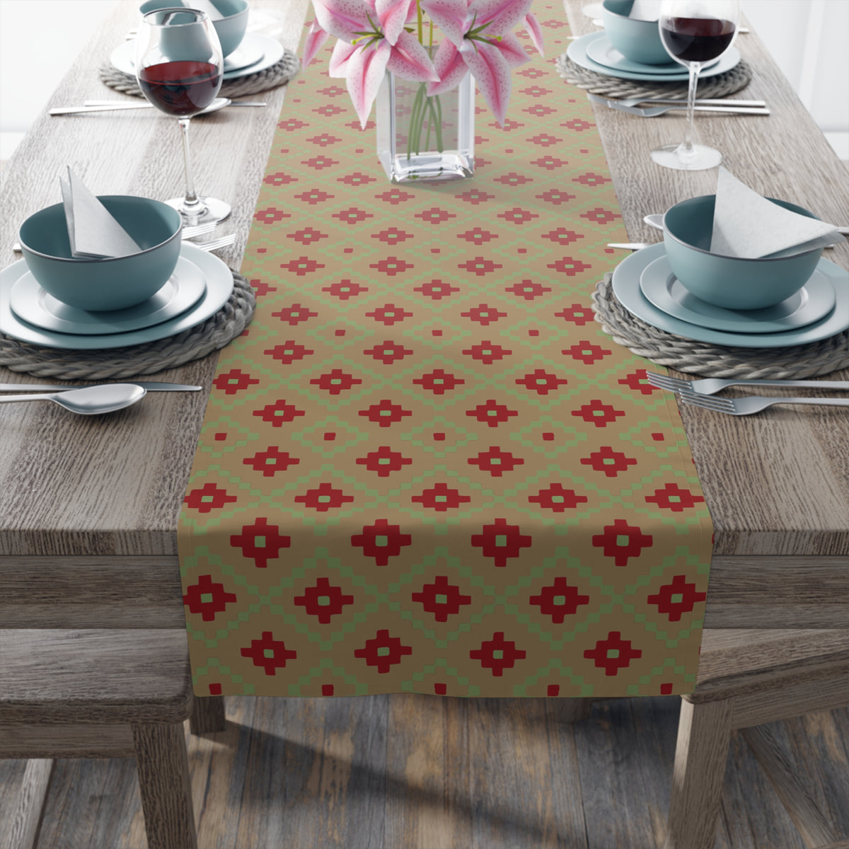 Tan, Red + Green Southwest Table Runner