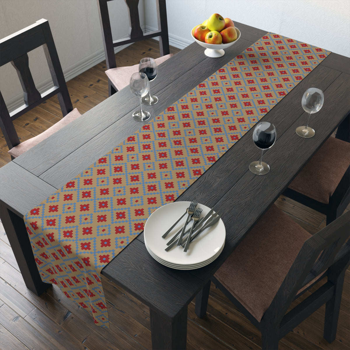 Tan, Red + Blue Southwest Table Runner