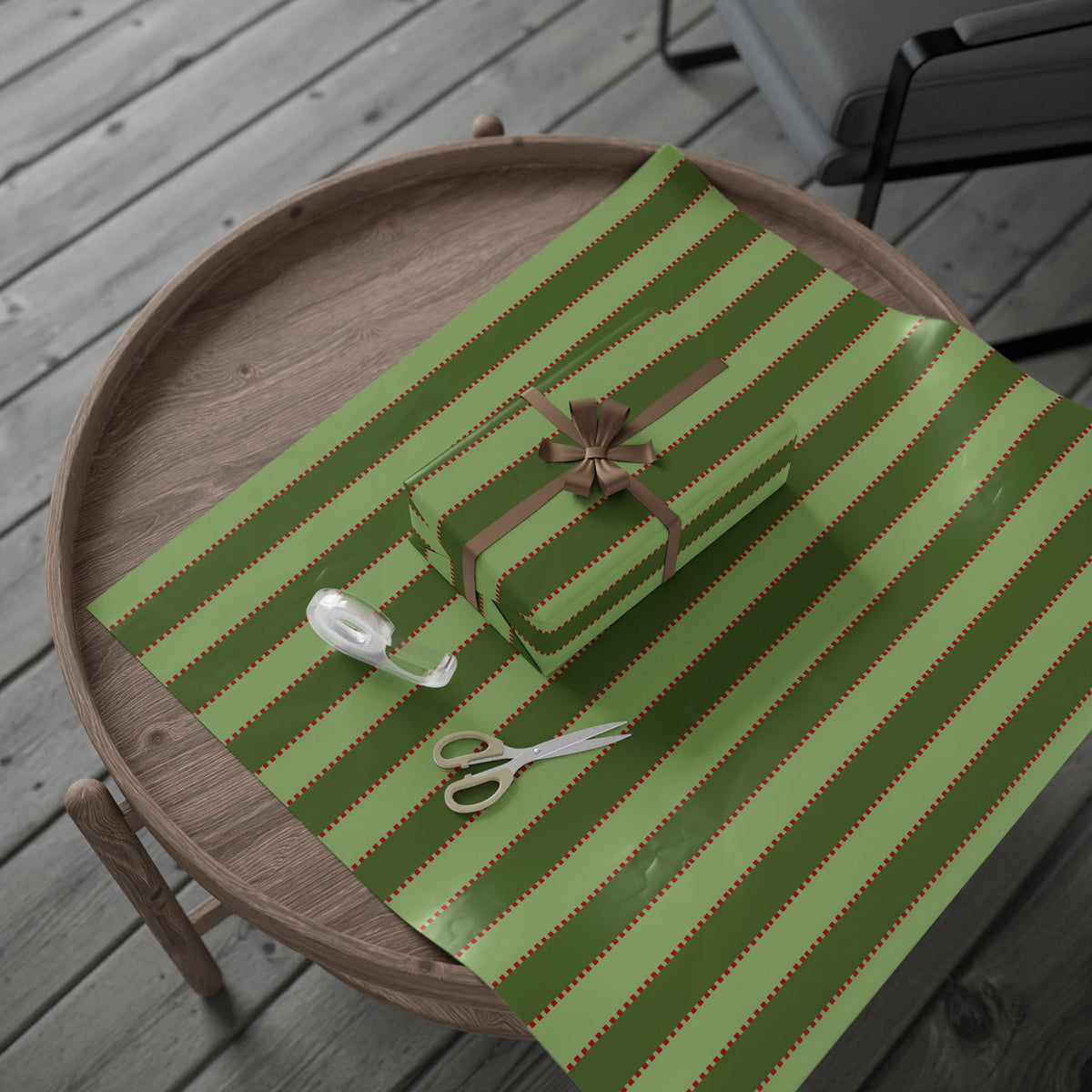 Green Stripe Stitch Wrapping Paper — Festive Gift Wrap for Holidays & Everyday