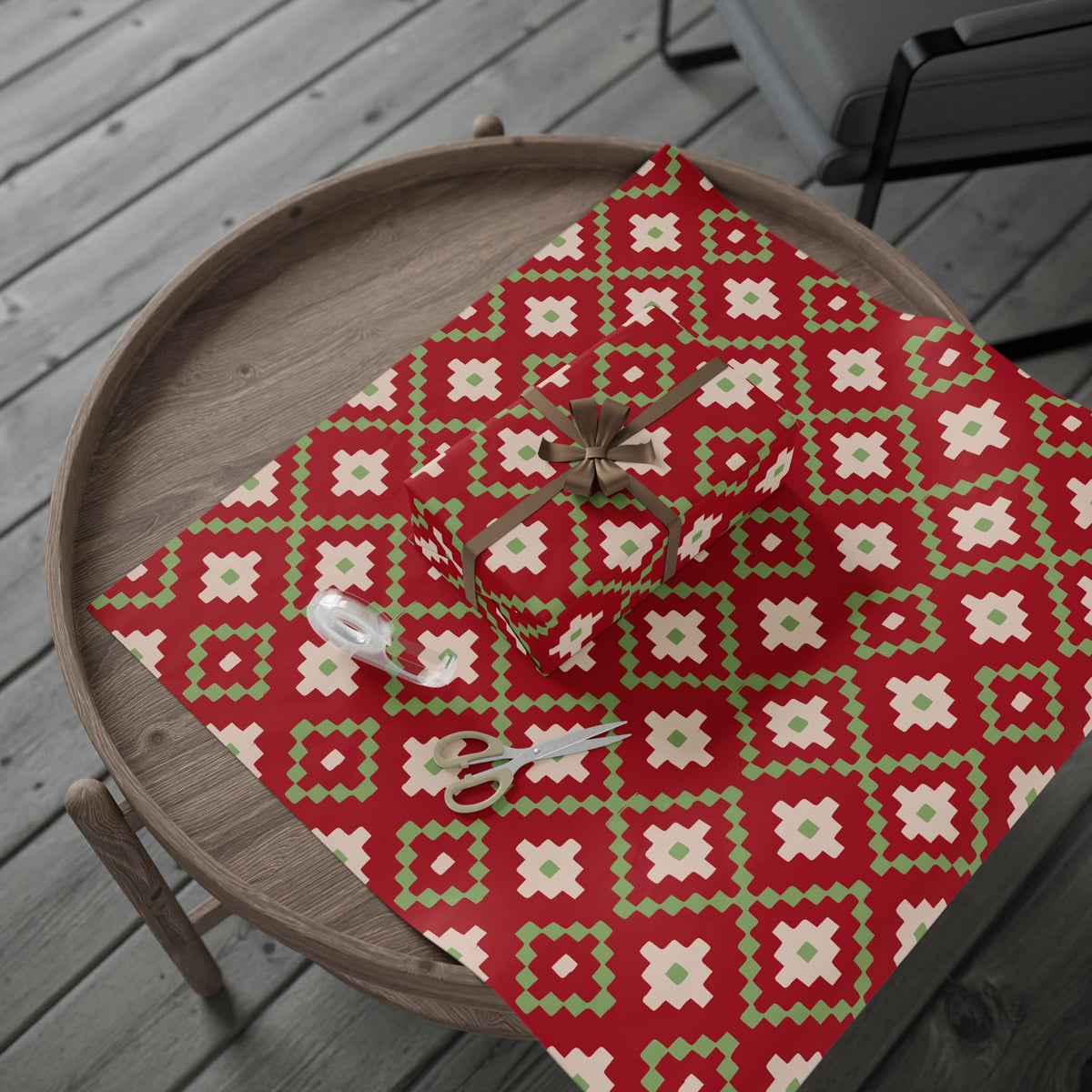 Christmas Stripe Wrapping Paper — RED + GREEN + LIGHT PINK Stitched Pattern