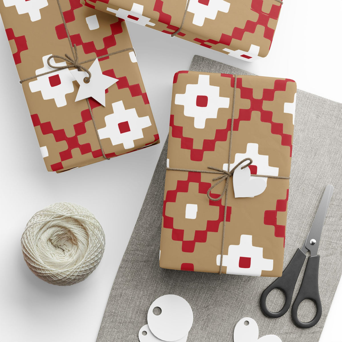 Christmas Stripe Wrapping Paper — TAN + RED + WHITE Stitched Pattern