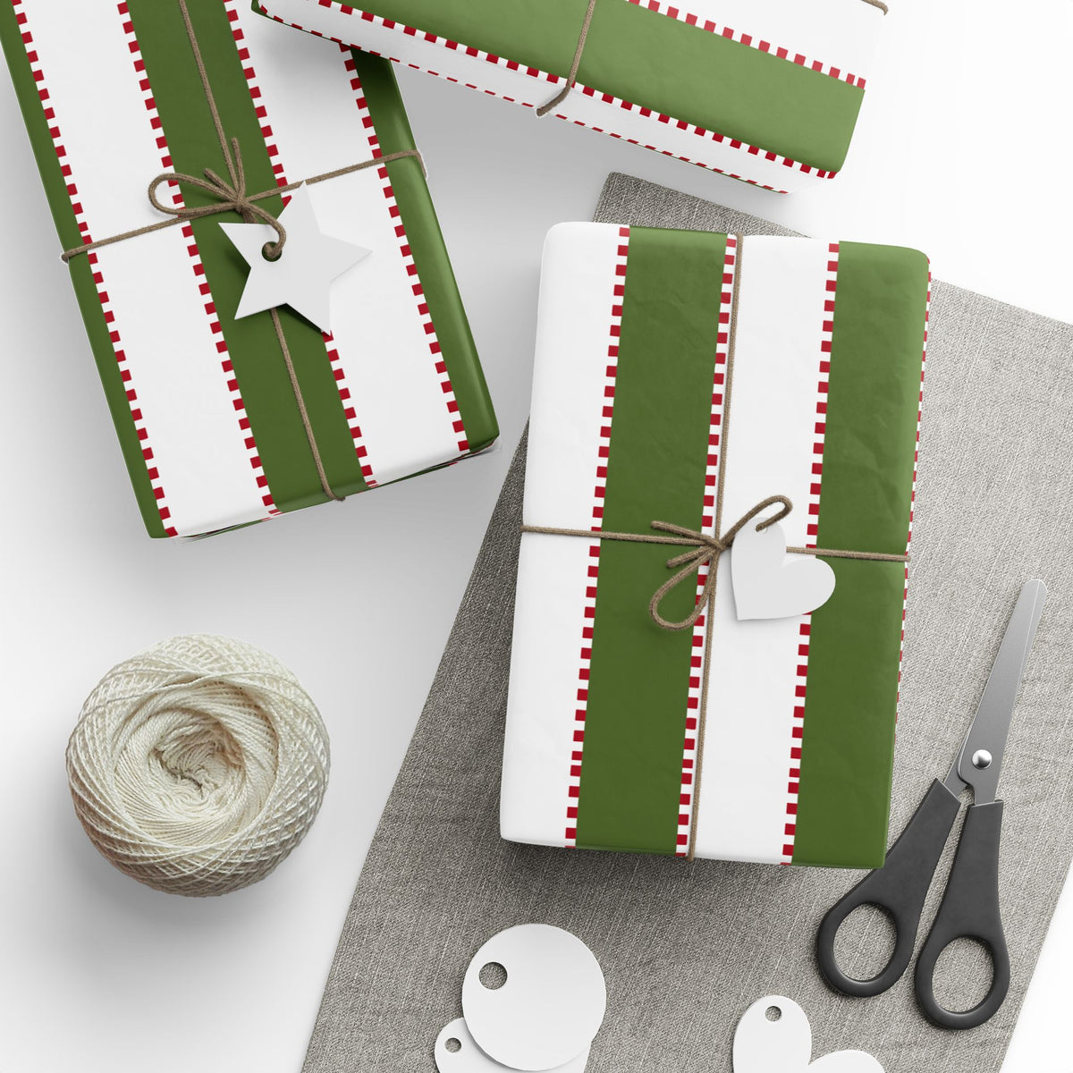 Christmas Stripe Wrapping Paper — WHITE + GREEN + RED Stitched Pattern
