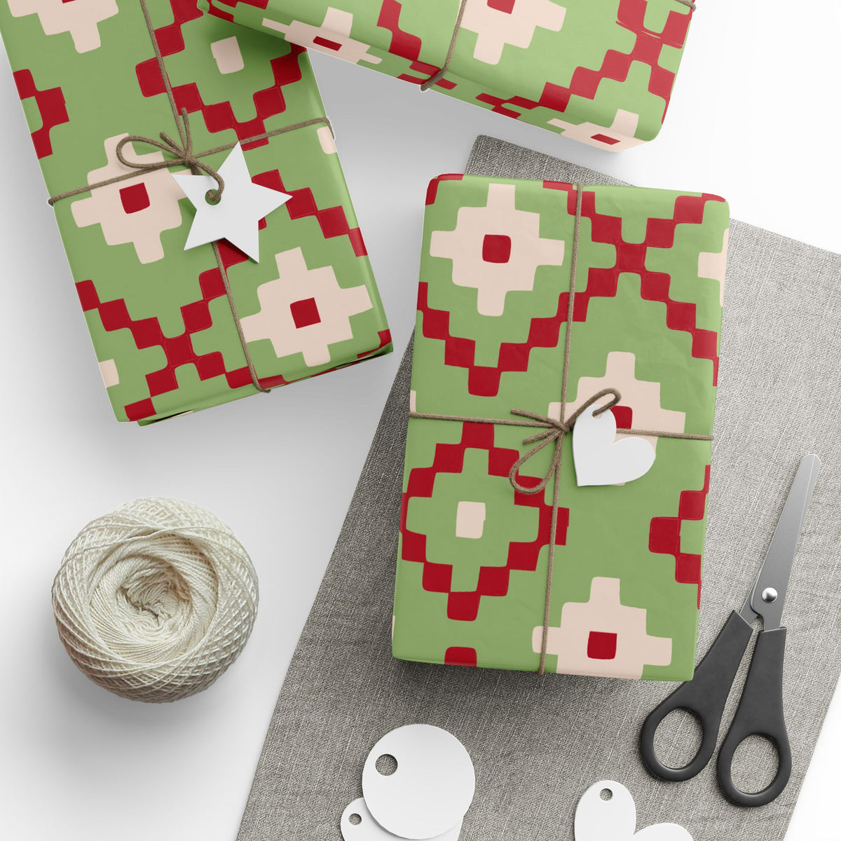Christmas Stripe Wrapping Paper — GREEN + RED + LIGHT PINK Stitched Pattern