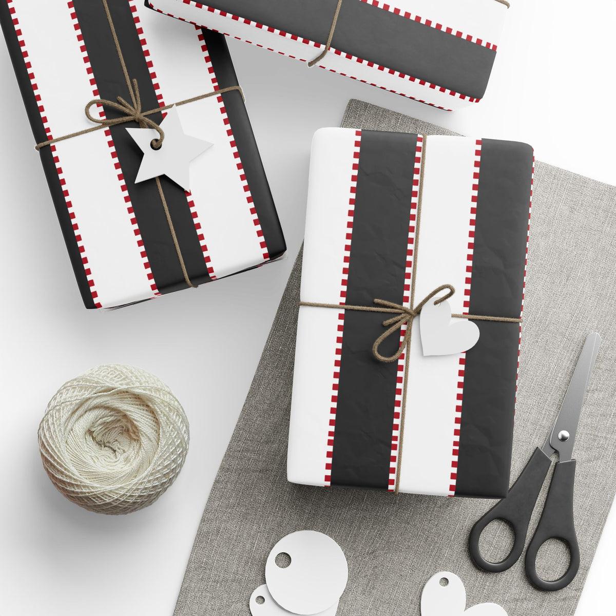 Christmas Stripe Wrapping Paper — WHITE + BLACK + RED Stitched Pattern
