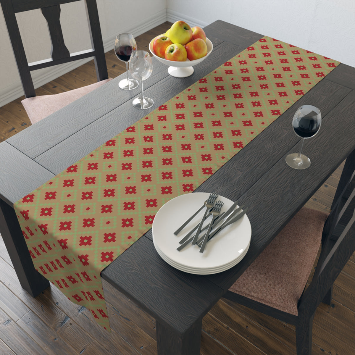 Tan, Red + Green Southwest Table Runner