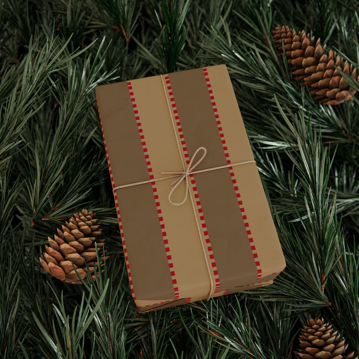 Christmas Stripe Wrapping Paper — TAN + BROWN + RED Stitched Pattern