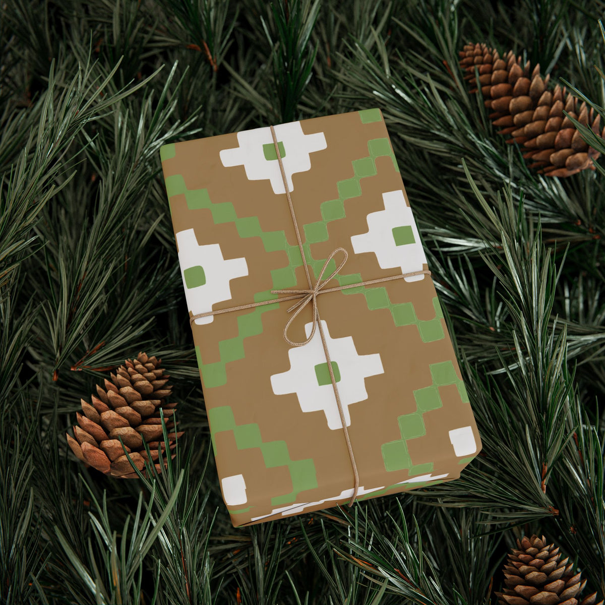 Christmas Stripe Wrapping Paper — TAN + GREEN + WHITE Stitched Pattern