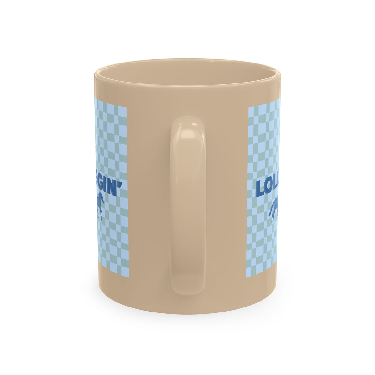 Horse Lover Ceramic Mug - "No Lollygaggin'" Blue Check Horses Design