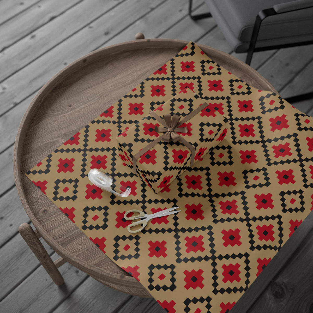Christmas Stripe Wrapping Paper — TAN + RED + BLACK Stitched Pattern