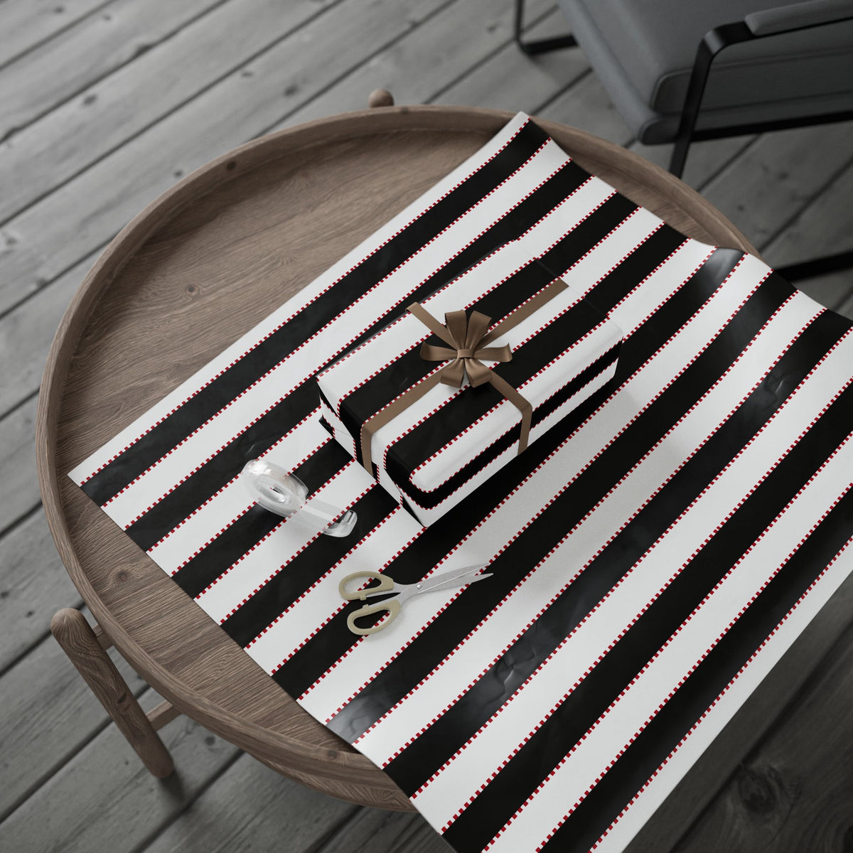 Christmas Stripe Wrapping Paper — WHITE + BLACK + RED Stitched Pattern