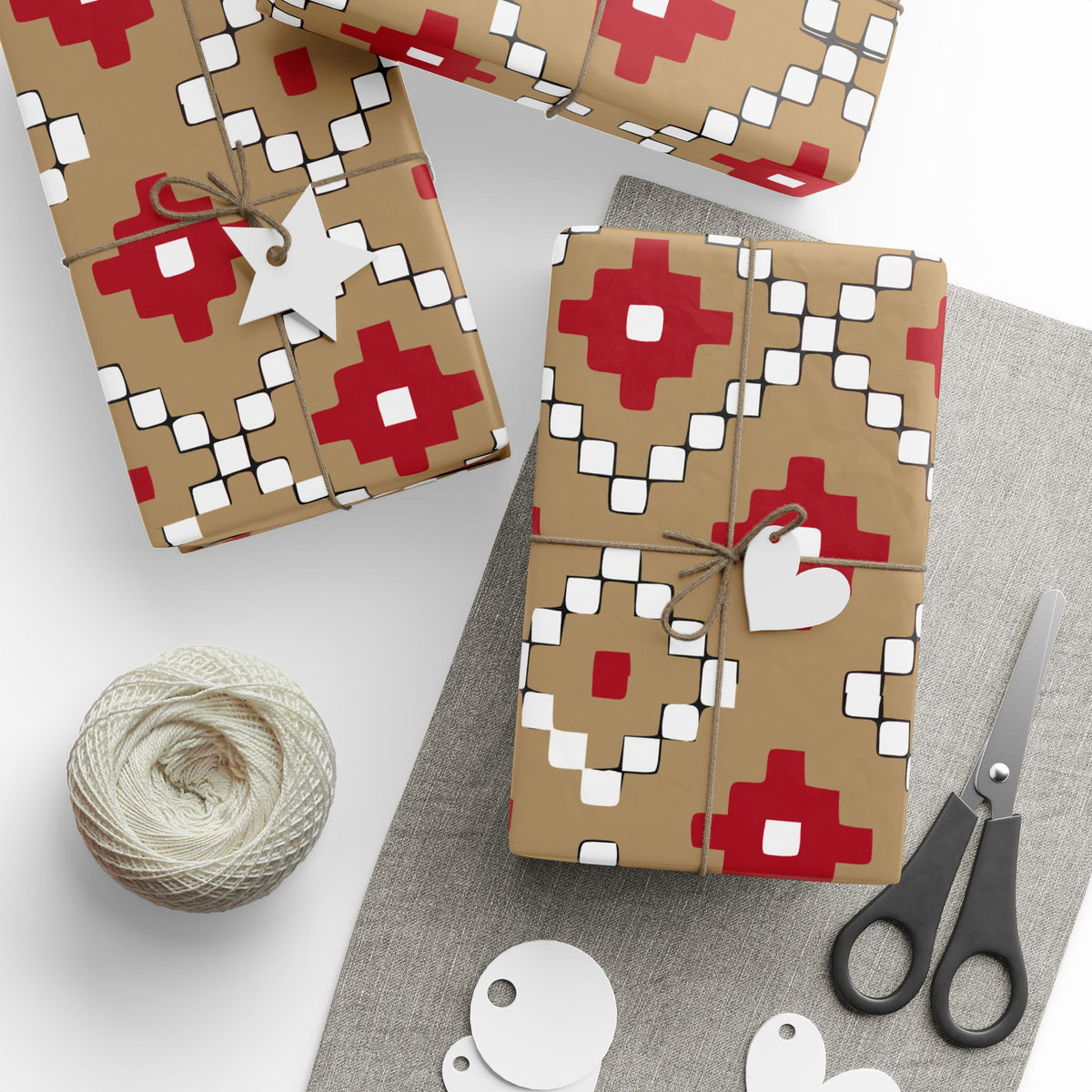 Christmas Stripe Wrapping Paper — TAN + RED + BLACK + WHITE Stitched Pattern