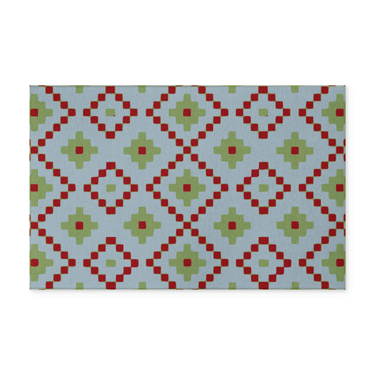 CHRISTMAS - Geometric- Washable Rug - Slate Blue + Red + Olive Green