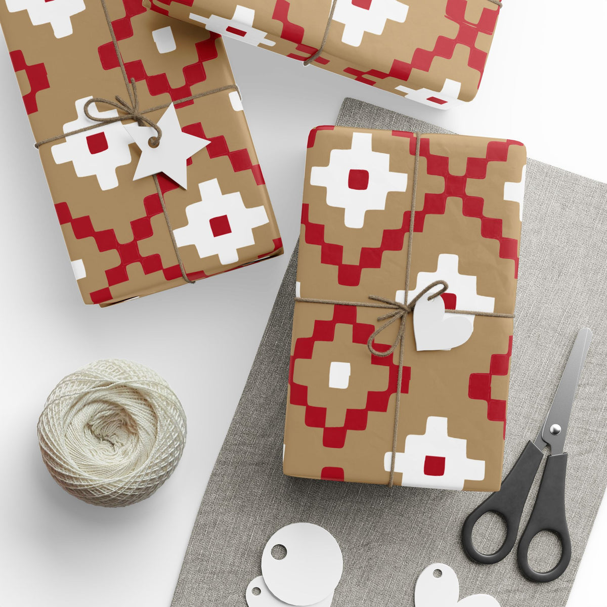 Christmas Stripe Wrapping Paper — TAN + RED + WHITE Stitched Pattern