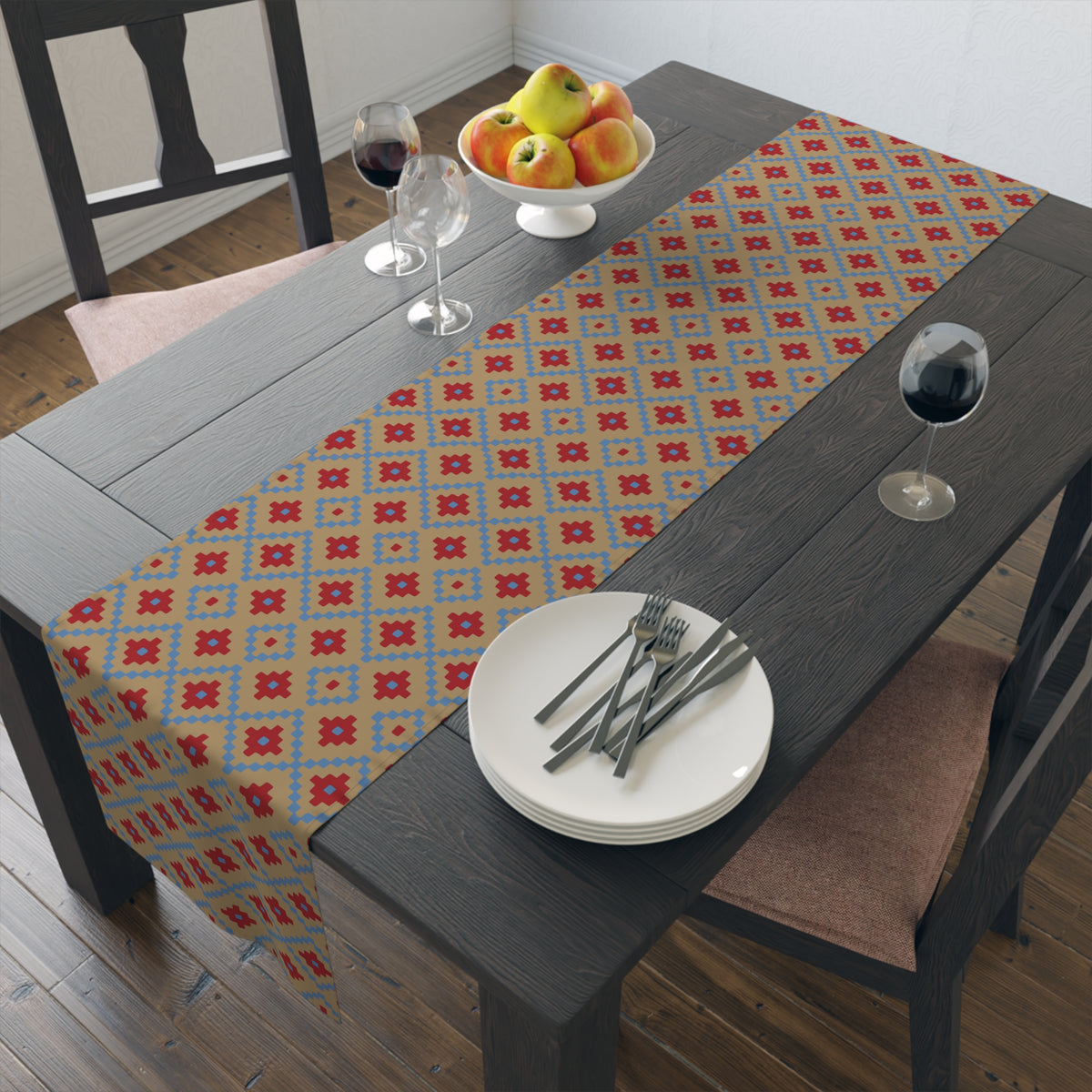 Tan, Red + Blue Southwest Table Runner