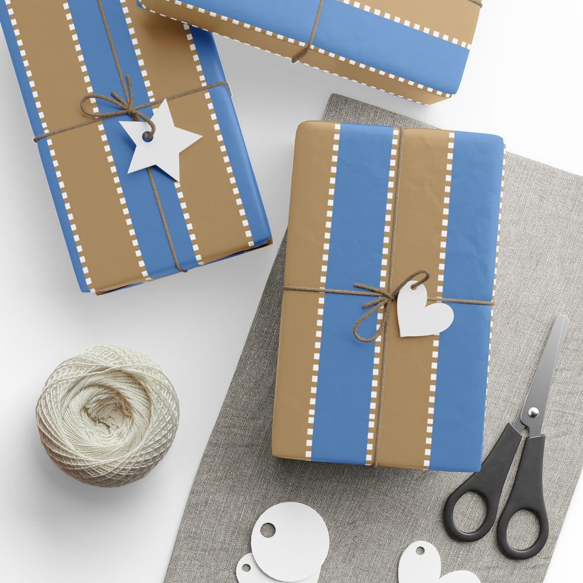 Christmas Stripe Wrapping Paper — BLUE + BROWN + WHITE Stitched Pattern