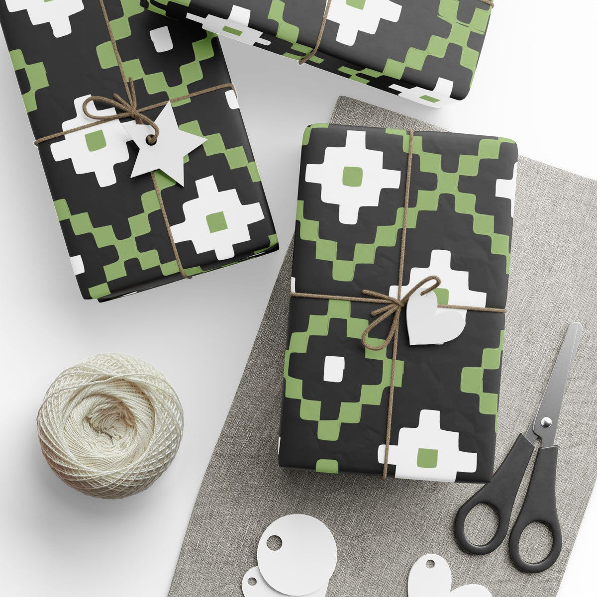 Christmas Stripe Wrapping Paper — BLACK + GREEN + WHITE Stitched Pattern