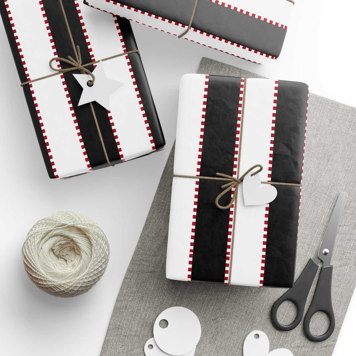 Christmas Stripe Wrapping Paper — WHITE + BLACK + RED Stitched Pattern