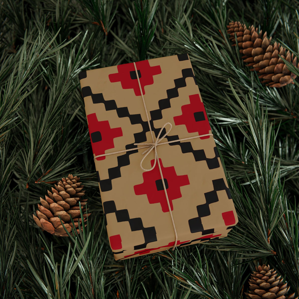 Christmas Stripe Wrapping Paper — TAN + RED + BLACK Stitched Pattern