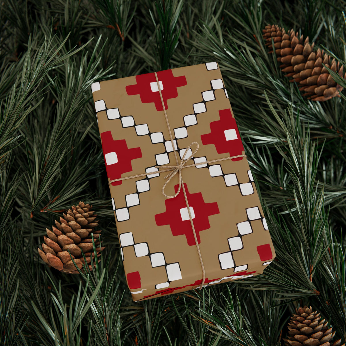 Christmas Stripe Wrapping Paper — TAN + RED + BLACK + WHITE Stitched Pattern