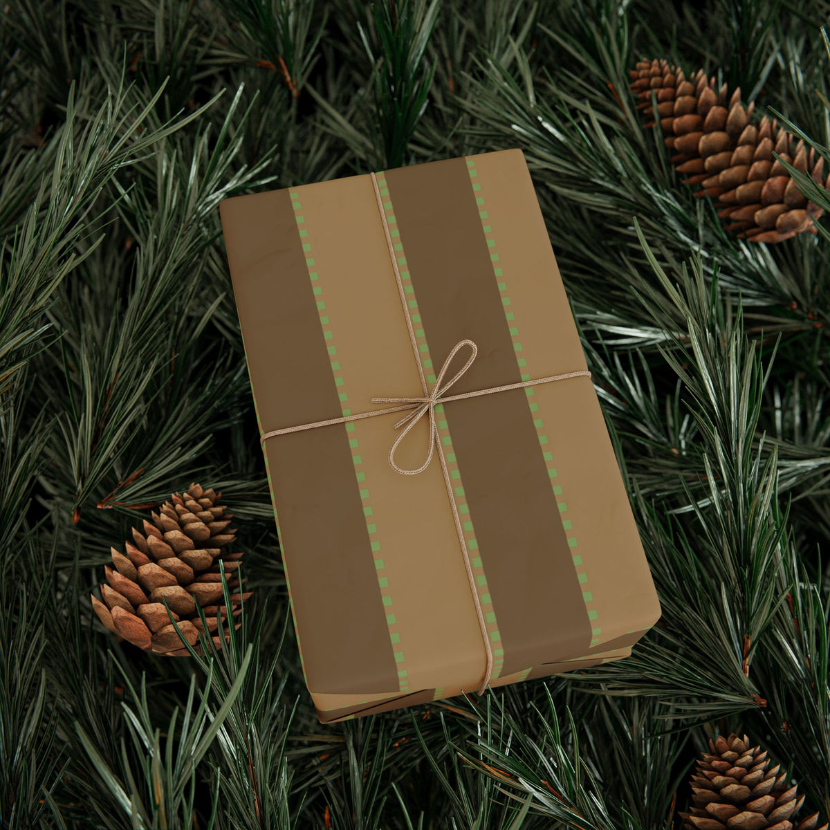 Christmas Stripe Wrapping Paper — TAN + BROWN + GREEN Stitched Pattern