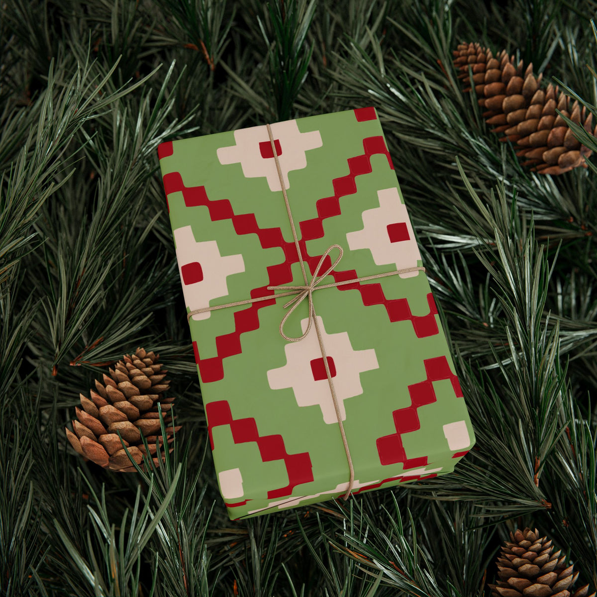Christmas Stripe Wrapping Paper — GREEN + RED + LIGHT PINK Stitched Pattern