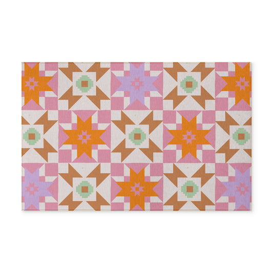 Geometric Star Patchwork - Indoor | Outdoor Washable Rug — Pink, Orange & Mint Floor Mat