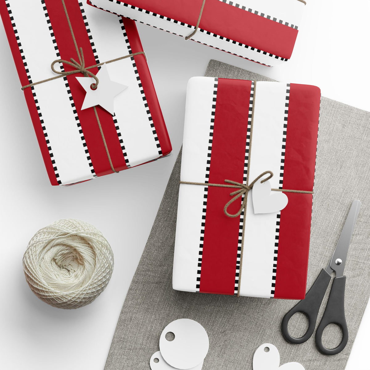 Christmas Stripe Wrapping Paper — WHITE + RED + BLACK Stitched Pattern